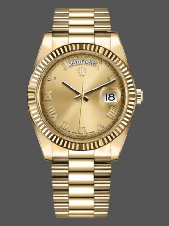 Replica Rolex Day-Date 218238 for men, dial with Roman numerals in champagne color, 41 mm yellow gold