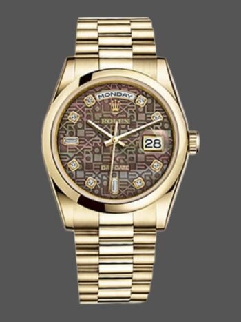 Replica of the unisex Rolex Day-Date 118208 watch with black mother-of-pearl dial and 36 mm diamonds