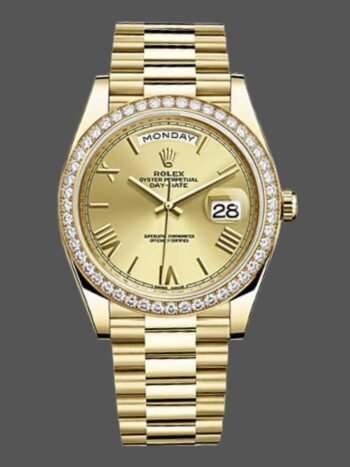 Rolex Day-Date 228348RBR Men's Watch Replica Champagne Roman Dial Diamond Bezel 40mm