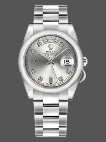 Replica Rolex Day-Date 118209 watch, automatic, unisex, with silver dial and diamonds, 36 mm