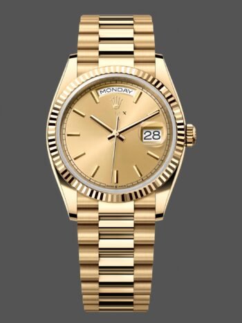 Replica Rolex Day-Date 128238 unisex watch with fluted bezel and dial with 36mm champagne indexes
