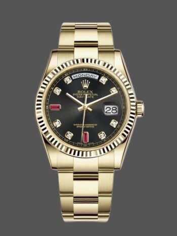 Rolex Day Date 118238 Men's Watch Replica Yellow Gold Black Diamond Dial Fluted Bezel 36mm
