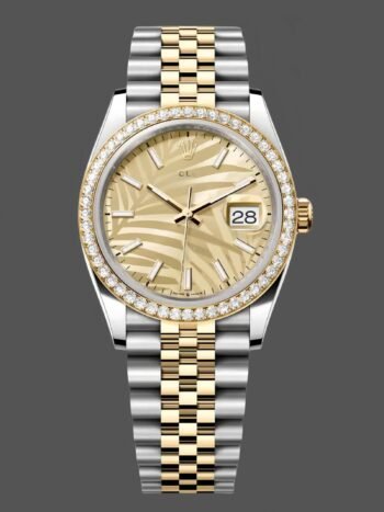 Rolex Datejust 36 watch with gold palm motif 126283RBR 0023, Jubilee dial and bracelet