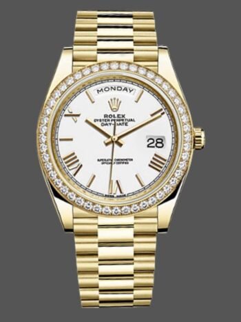 Rolex Day-Date 228348RBR Men's Watch Replica White Roman Dial Diamond Bezel 40mm