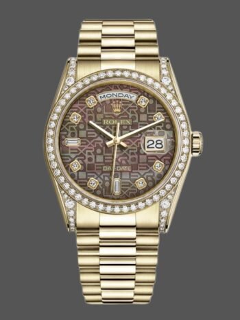 Replica Rolex Day-Date 118388 watch with diamond dial and 36mm Jubilee mother-of-pearl for men and women