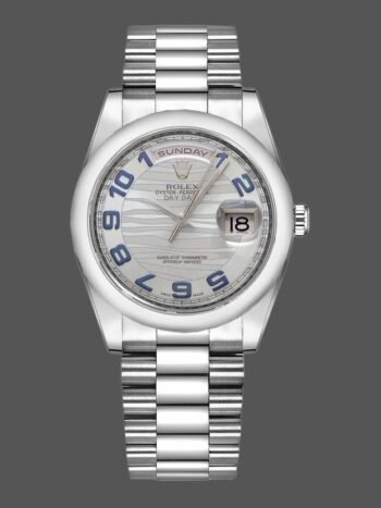 Rolex Day Date 118206 Replica Ice Blue Dial with Wave Pattern and Arabic Numerals, 36mm, Unisex
