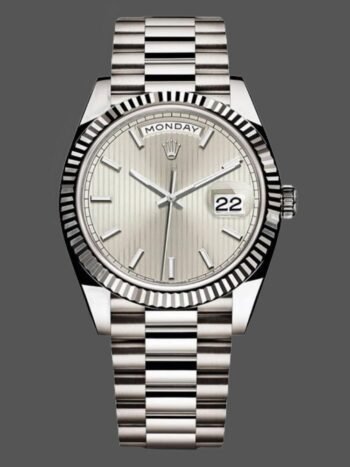 Replica Rolex Day-Date 228239 for men, silver dial with striped motif and fluted bezel, 40 mm