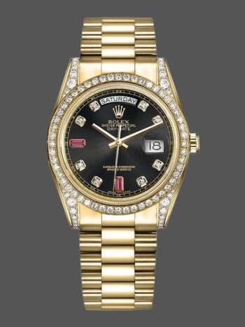 Replica Rolex Day-Date 118388 unisex watch, yellow gold, black diamonds, ruby dial, 36 mm