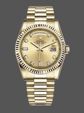 Replica of the unisex Rolex Day-Date 118238 yellow gold watch with diamonds and 36 mm champagne dial