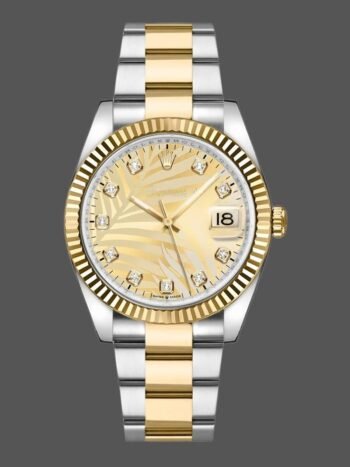 Replica of the unisex Rolex Datejust 126233 watch with gold dial and 36 mm palm tree motif
