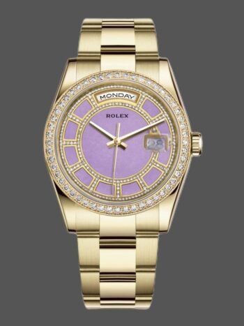 Replica Rolex Day Date 118348 unisex 36mm yellow gold watch with lavender jade carousel dial