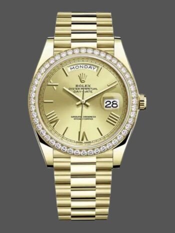 Rolex Day-Date 228398TBR Replica Men's Champagne Dial with Roman Numerals Diamond Bezel 40mm