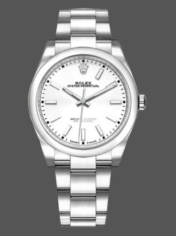 Replica of the unisex Rolex Oyster Perpetual Air-King 114200 watch with white dial and 34 mm indices