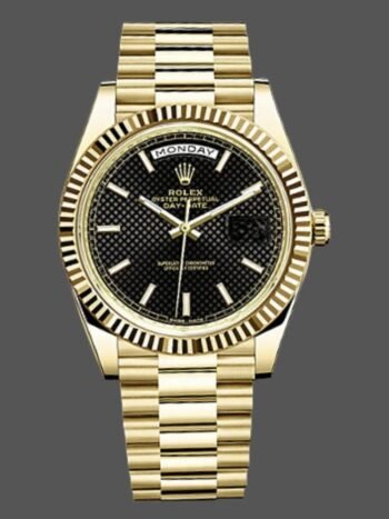 Replica Rolex Day-Date 228238 for men, black dial with diagonal motif and fluted bezel, 40 mm