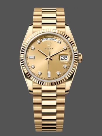 Replica Rolex Day-Date 128238 0008 unisex watch with fluted bezel and 36mm champagne diamond dial