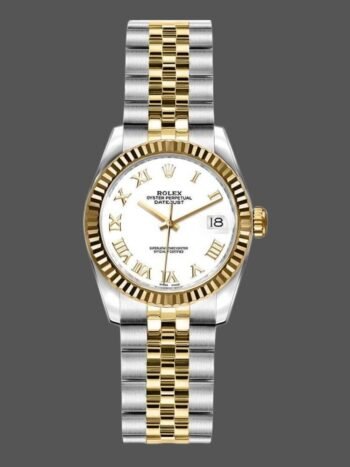 Replica Rolex Datejust 179173 for women, white dial with Roman numerals, 26 mm
