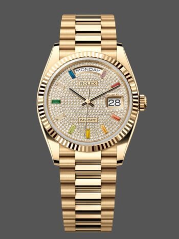Rolex Day Date 36mm Yellow Gold 128238 0051 Rainbow Pav?? Diamond Dial Fluted Bezel