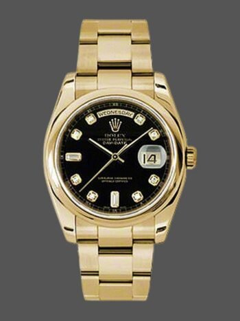 Replica Rolex Day-Date 118208 Unisex Watch, Black Diamond Dial, Yellow Gold, 36mm