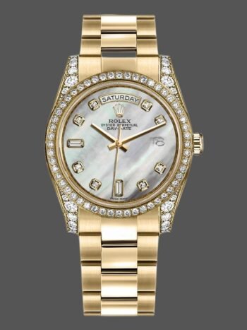 Replica of the unisex Rolex Day-Date 118388 watch with white mother-of-pearl dial and 36 mm diamonds