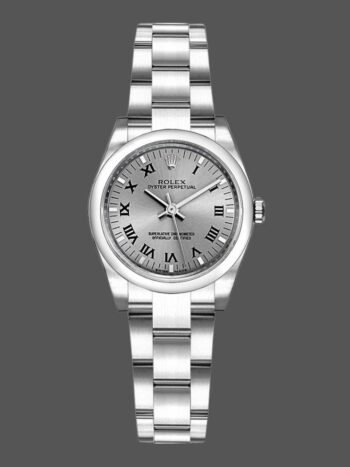 Replica Rolex Oyster Perpetual 176200 women's watch, rhodium-plated gray dial with Roman numerals, 26 mm