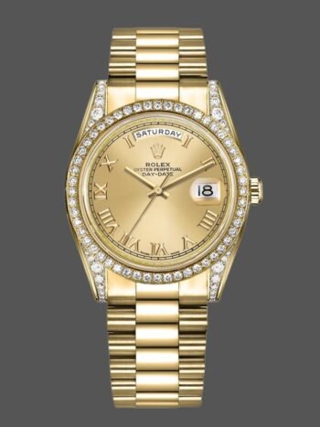 Rolex Day-Date 118388 Replica Diamond Bezel Champagne Dial with Roman Numerals 36mm Unisex