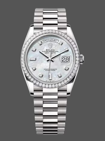 Rolex Day-Date 128349RBR Women's Watch Replica White Mother of Pearl Dial Diamond Bezel 36mm