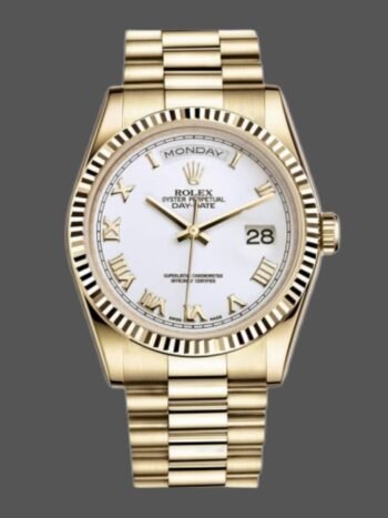 Replica Rolex Day-Date 118238 unisex watch, yellow gold, white dial, fluted bezel, 36 mm