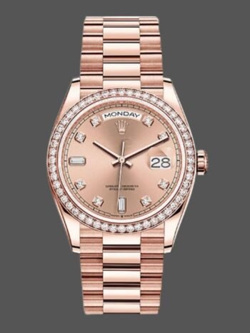 Replica Rolex Day-Date 128345RBR unisex watch with champagne pink dial and 36mm Everose gold