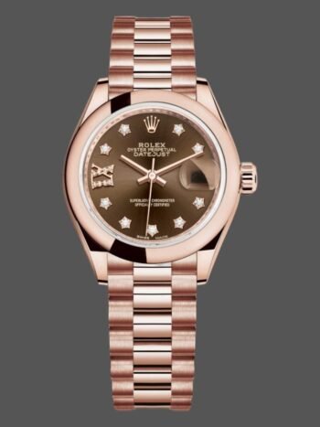Replica Rolex Datejust 279165 for women, chocolate brown diamond dial and 28mm domed bezel