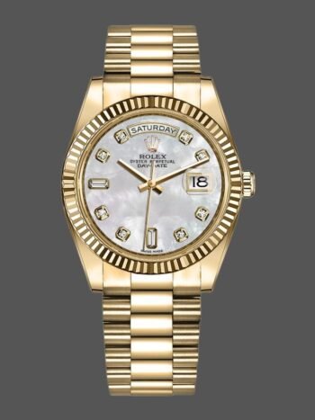 Replica unisex Rolex Day-Date 128238 watch with fluted bezel and 36mm white mother-of-pearl dial