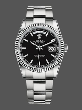 Replica Rolex Day-Date 118239 unisex watch, black dial, fluted bezel, 36 mm