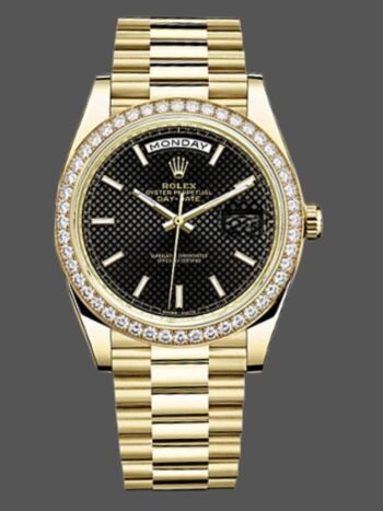 Replica Rolex Day-Date 228348RBR for men, black dial with diagonal motif and 40 mm diamond bezel