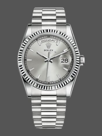 Replica Rolex Day-Date 118239 unisex watch, white gold, silver dial, fluted bezel, 36 mm