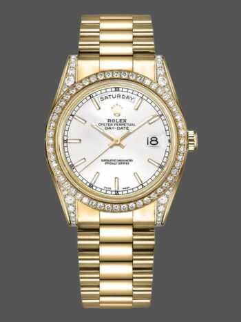Replica Rolex Day-Date 118388 unisex watch with diamond bezel and 36mm white dial