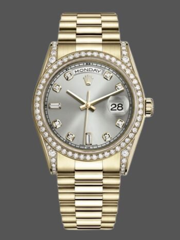 Replica Rolex Day-Date 118388 unisex watch, yellow gold, silver, diamond dial, 36 mm