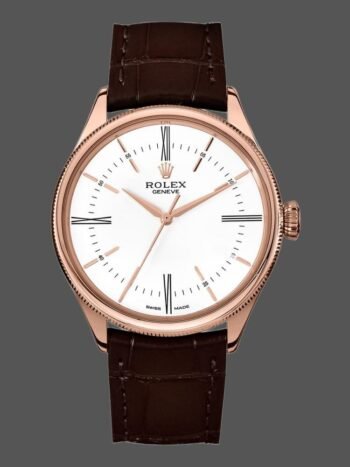 Rolex Cellini Time 50505 Men's Watch Replica Brown Leather Strap White Dial 39mm