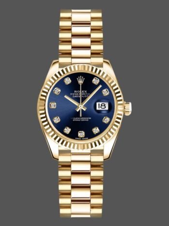 Replica Rolex Datejust 179178 for women, blue diamond dial, yellow gold, 26 mm