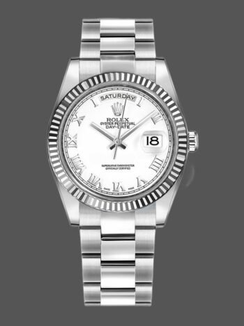 Rolex Day-Date 118239 replica, white gold, white dial with Roman numerals, 36 mm, unisex