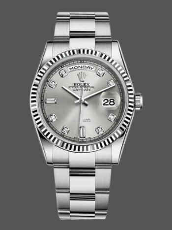 Replica Rolex Day-Date 118239 unisex watch, silver dial with diamonds and fluted bezel, 36 mm