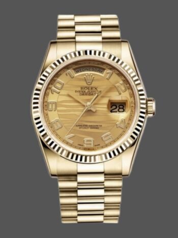 Replica Rolex Day-Date 118238 watch with Arabic numerals and champagne dial, 36 mm, unisex.