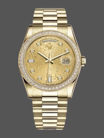 Replica Rolex Day Date 118348 Champagne Jubilee watch with diamond dial in 36 mm yellow gold for men.