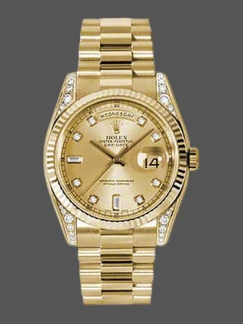 Rolex Day-Date Replica 118338, Yellow Gold, Champagne Diamond Dial, 36mm, Unisex