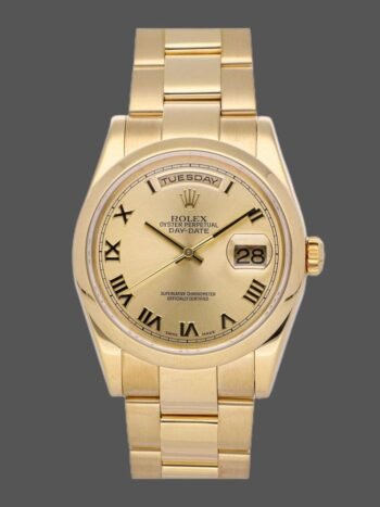 Rolex Day-Date 118208 Replica Yellow Gold Champagne Dial Roman Numerals 36mm Unisex