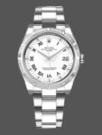 Replica of the unisex Rolex Oyster Perpetual Date 115210 with white dial and Roman numerals