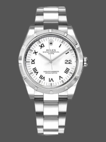 Replica of the unisex Rolex Oyster Perpetual Date 115210 with white dial and Roman numerals