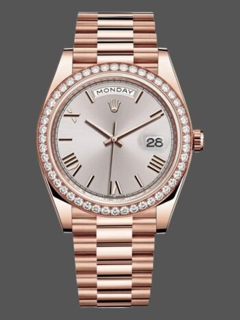 Replica Rolex Day-Date 228345RBR Sundust watch with Roman dial and 40mm diamond bezel for men
