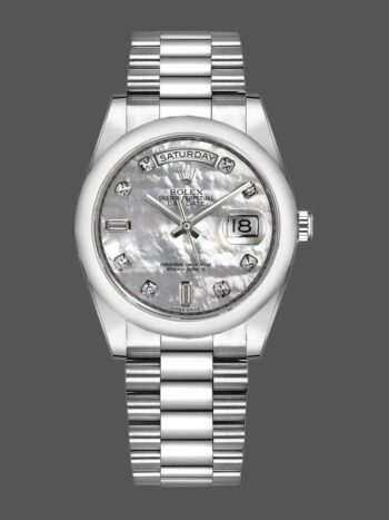 Rolex Day-Date 118206 replica watch, platinum, white mother-of-pearl dial and diamonds, 36 mm, unisex