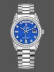 Replica Rolex Day-Date 118389 unisex watch with diamond bezel and 36mm lapis lazuli blue dial