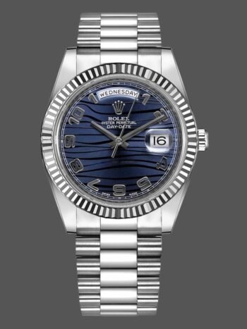 Rolex Day-Date 218239 Wave Replica Blue Dial White Gold 41mm Men's
