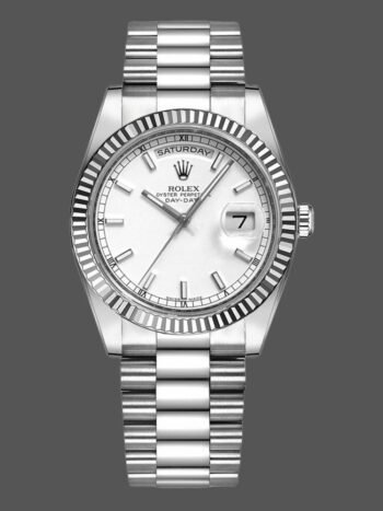 Replica Rolex Day-Date 118239 unisex watch, white gold, white dial, fluted bezel, 36 mm